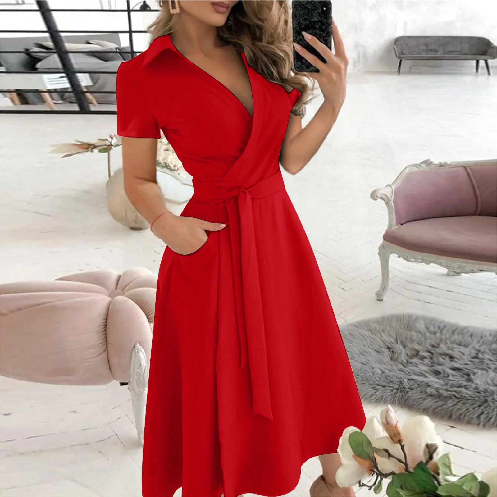 Women'S Red Formal Wear - 女性の長袖シャーリングオフィスドレス,Vネックのヒップドレス,赤,黒,青,春,夏のファッション
