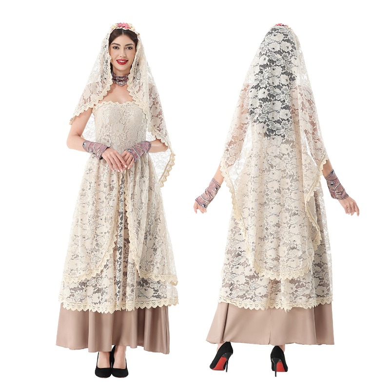 Lace Dress - レースのベールが付いた、ストラップレスのフローラル柄ロングガウン。ハロウィーン、結婚式、テーマパーティー、大人向けのコスチュームに最適な、ヴィンテージ風のレースマキシドレス。