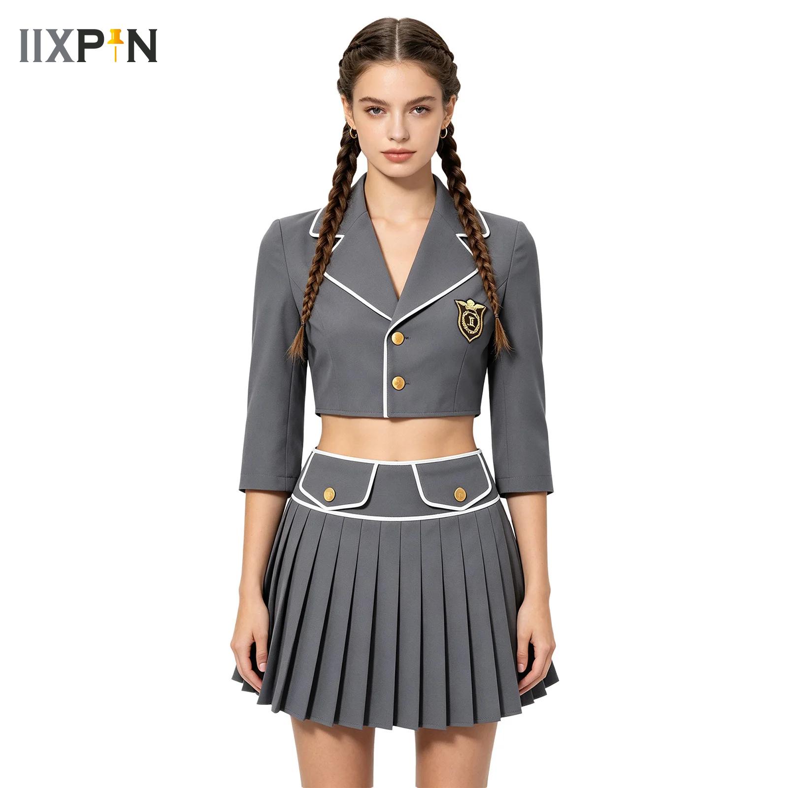 Womens Blazer - 女性向け、日本の女子高生風コスプレ衣装。襟付き、七分袖のクロップド丈ブレザーとスカートのセット。ハロウィーンのテーマパーティーに最適。