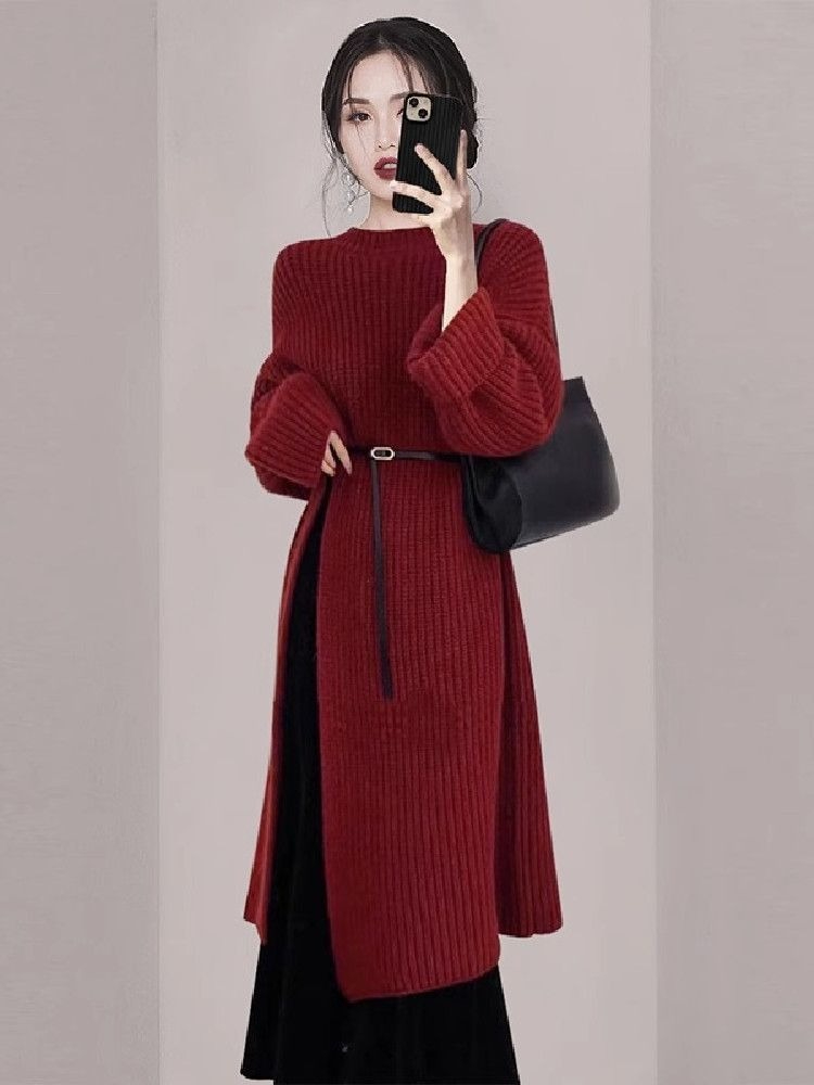 Women'S Red Formal Wear - 女性のエレガントな赤いニットドレス秋冬長袖ミディオーバーニーカジュアルソリッド暖かいセータードレス