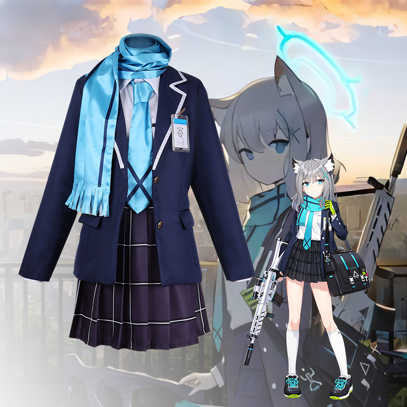 Womens Blazer - アニメ風のネイビーの制服風ブレザー、チェック柄スカート、スカーフ、ネクタイ、手袋、ハロウィーンのコスプレ衣装、ウィッグ（オプション）