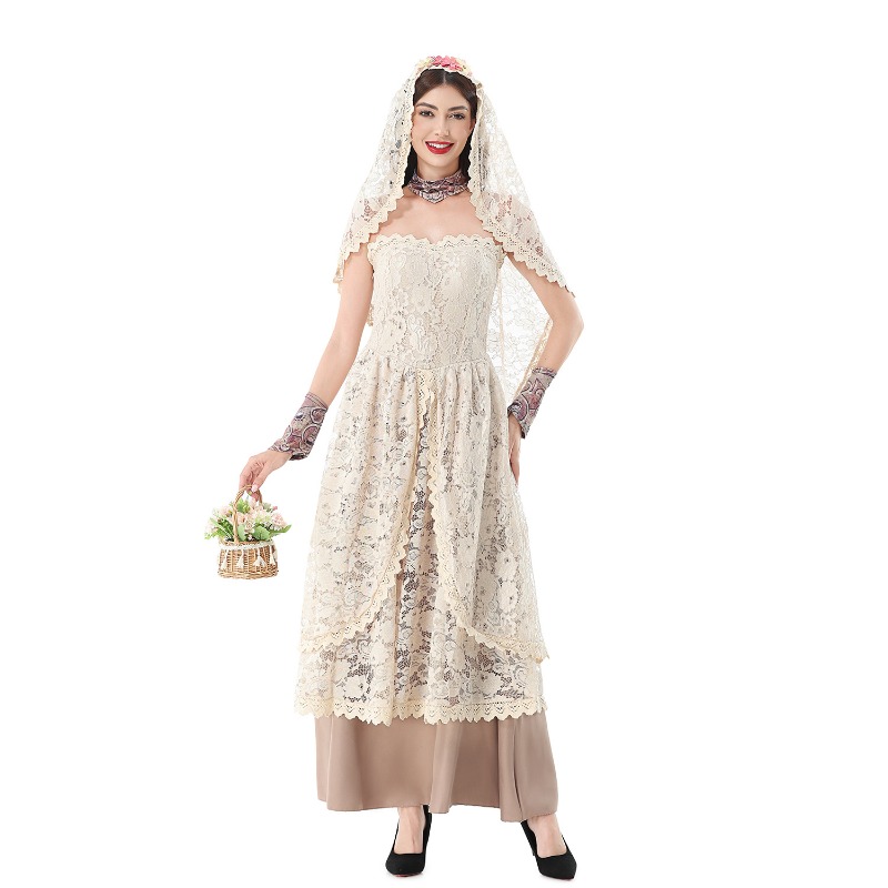 レースのベールが付いた、ストラップレスのフローラル柄ロングガ - Lace Dress のレビューと価格
