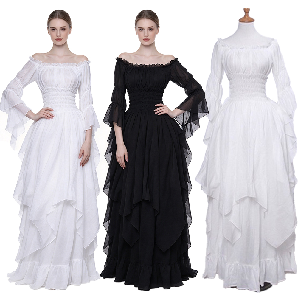 中世風ドレス、レトロなオフショルダーのロングドレス、豪華なレ - Lace Dress のレビューと価格