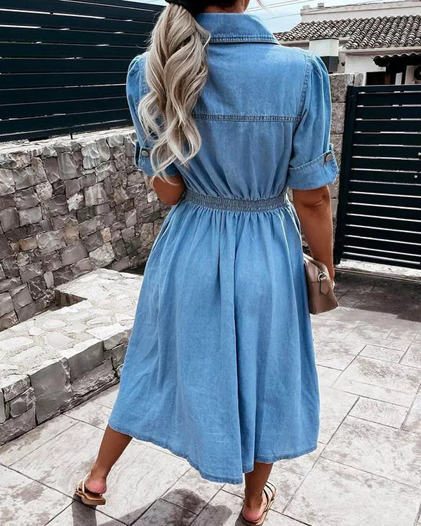 レディースライトウォッシュデニムシャツドレス、半袖ボタンダウ - Midi Dress のレビューと価格