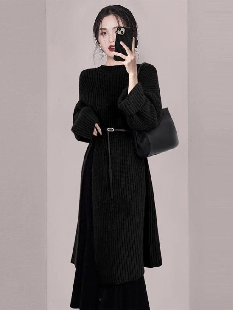 女性のエレガントな赤いニットドレス秋冬長袖ミディオーバーニー - Women'S Red Formal Wear のレビューと価格