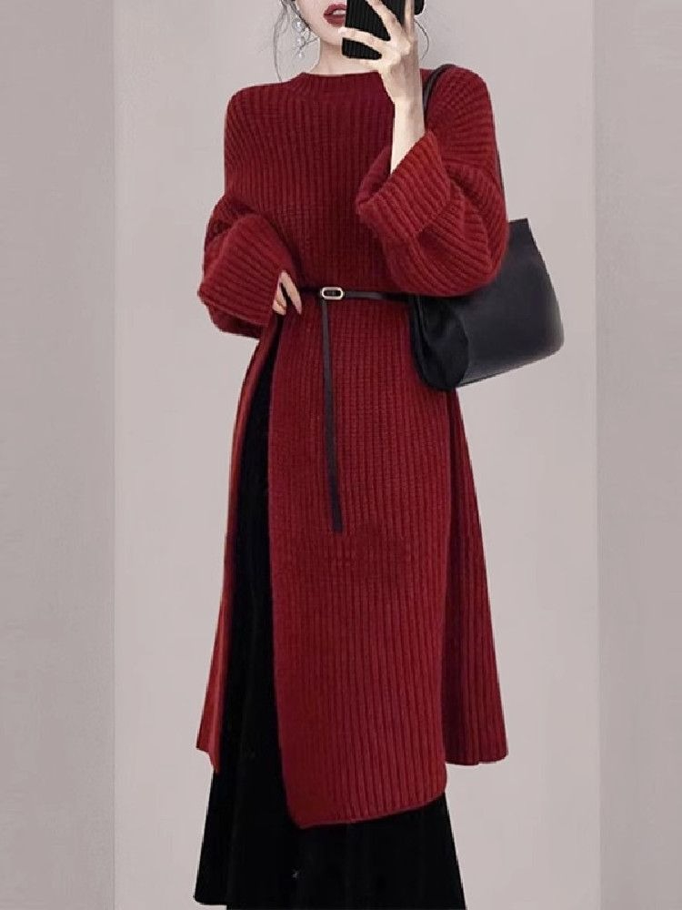 女性のエレガントな赤いニットドレス秋冬長袖ミディオーバーニー - Women'S Red Formal Wear のレビューと価格