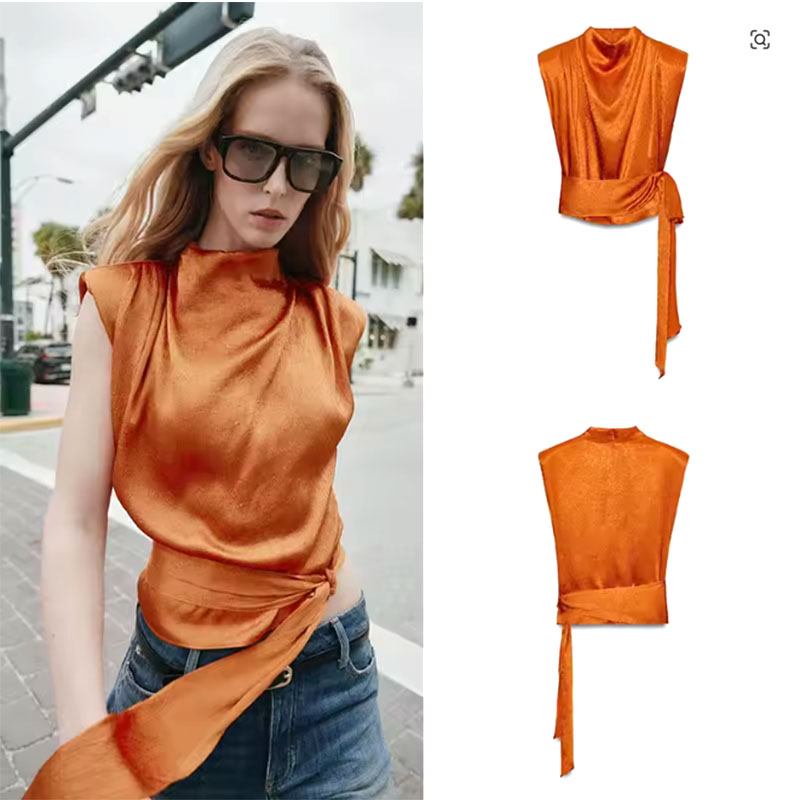 サテンショールカラーノースリーブクロップトップ、女性用エレガ - Silk Blouse のレビューと価格